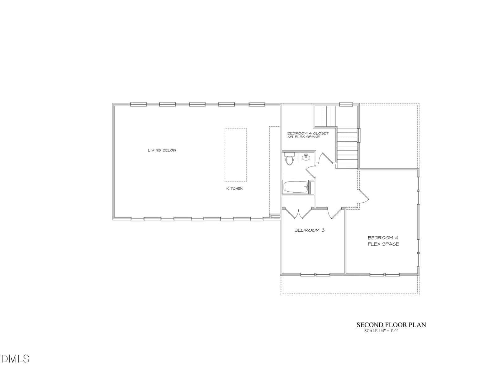 Second floor plan with a large living and kitchen area, two bedrooms labeled “Bedroom 4/Flex Space” and “Bedroom 5,” and a bathroom. Stairs and closets are also indicated.