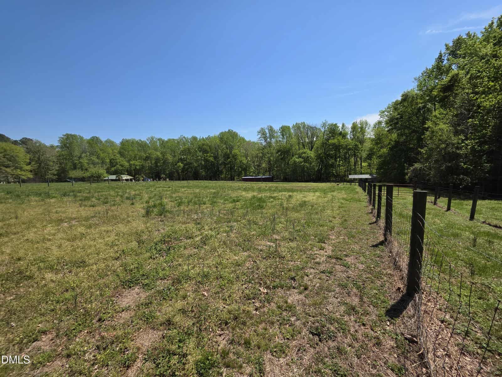 A grassy field bordered by a wire fence on the right, with trees lining the background under a clear blue sky. A few small structures are visible in the distance.