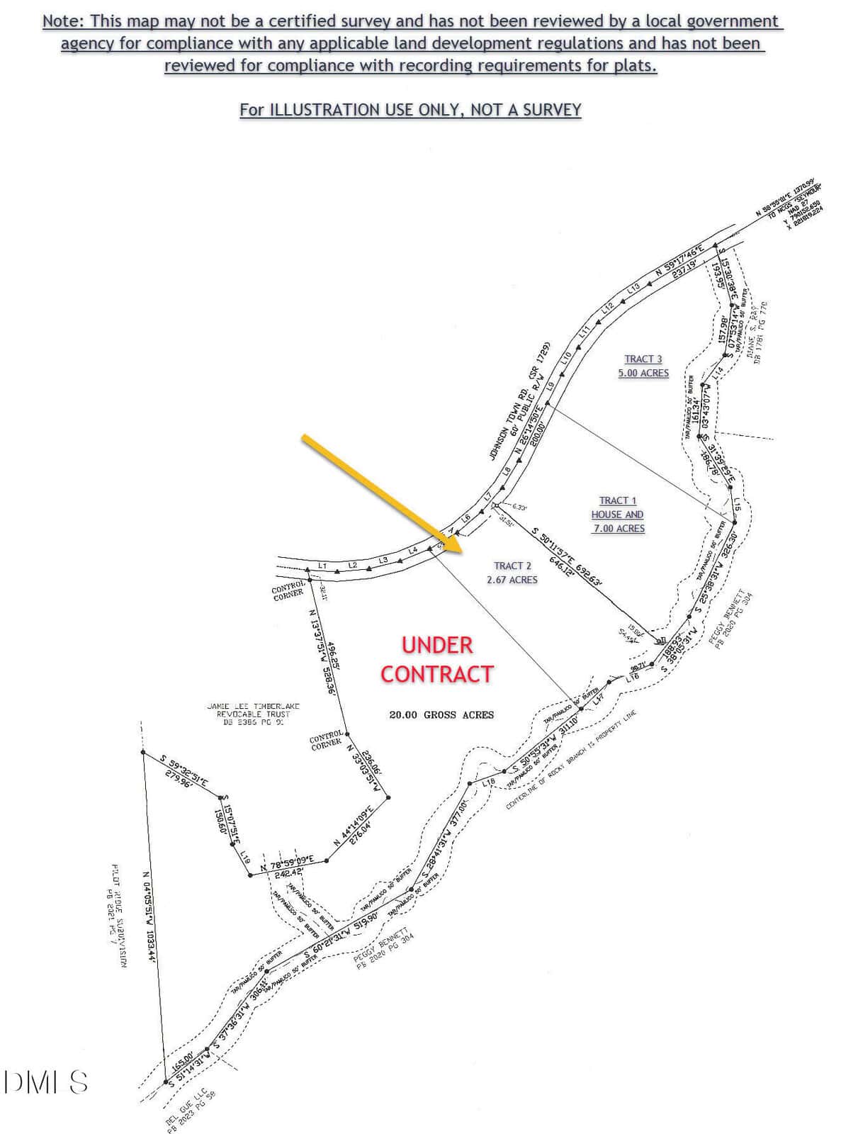 Black and white survey map of land tracts along a river, with one tract marked “UNDER CONTRACT” in red, and a yellow arrow pointing to Tract 1. Blue text at the top notes the map is not a certified survey.