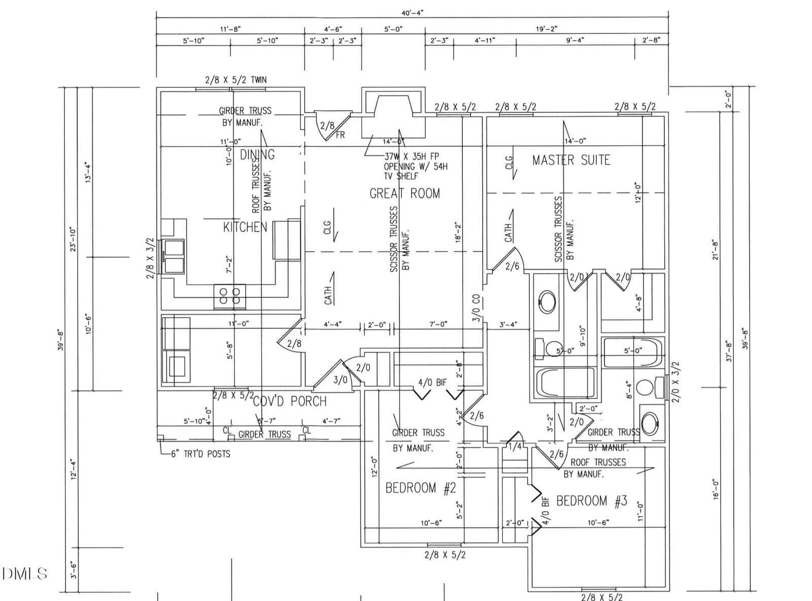 Black and white blueprint of a single-story house floor plan showing kitchen, dining area, great room, master suite with bath, two bedrooms, second bathroom, front porch, and various measurements and construction notes.