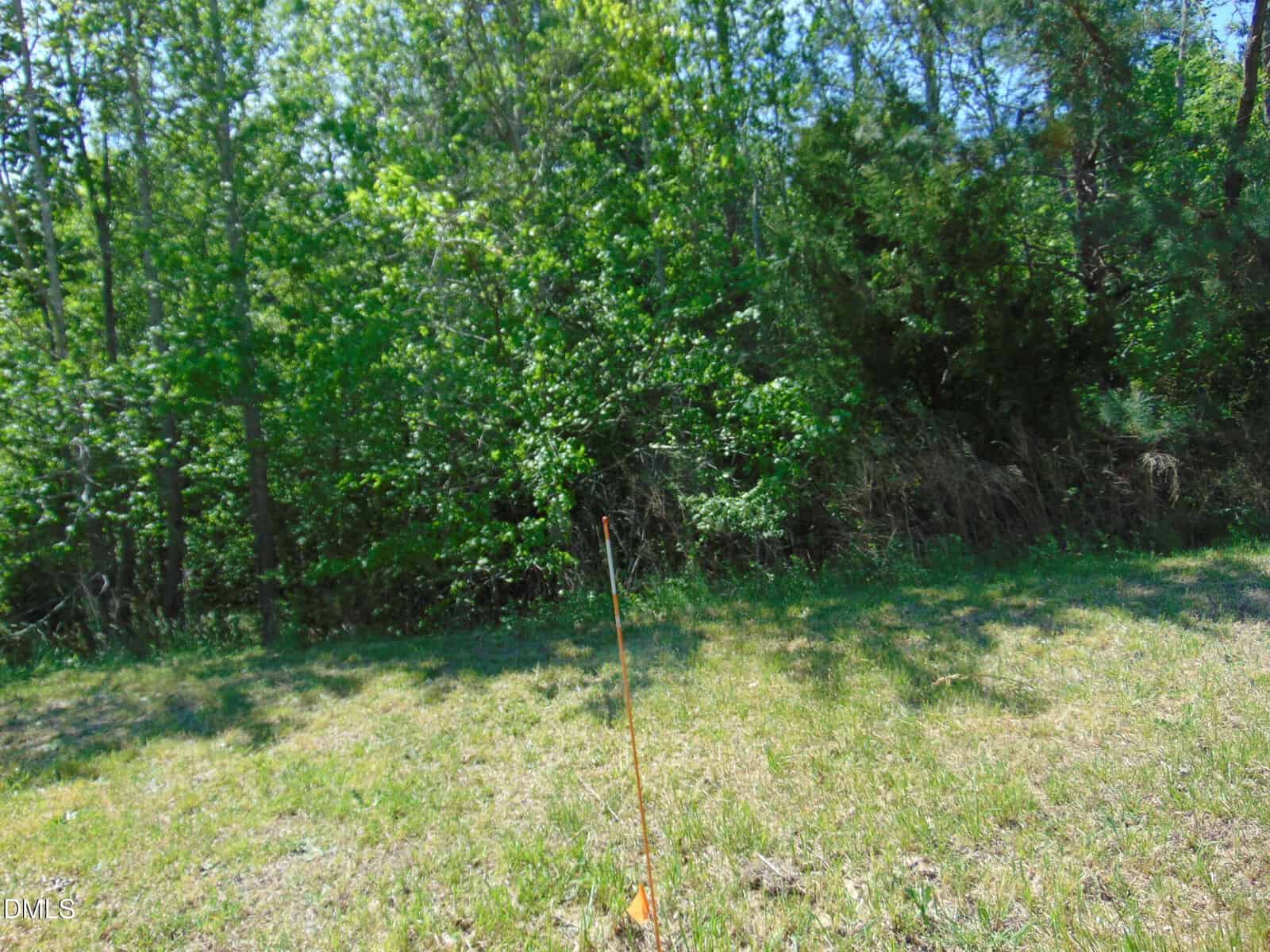 A grassy area with a single orange marker stick in the foreground, set against a backdrop of dense green trees and bushes under a clear blue sky.