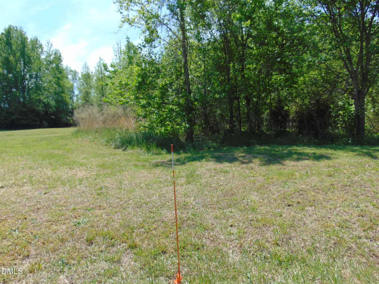 A grassy field with a thin orange marker in the foreground and dense green trees in the background under a bright blue sky.