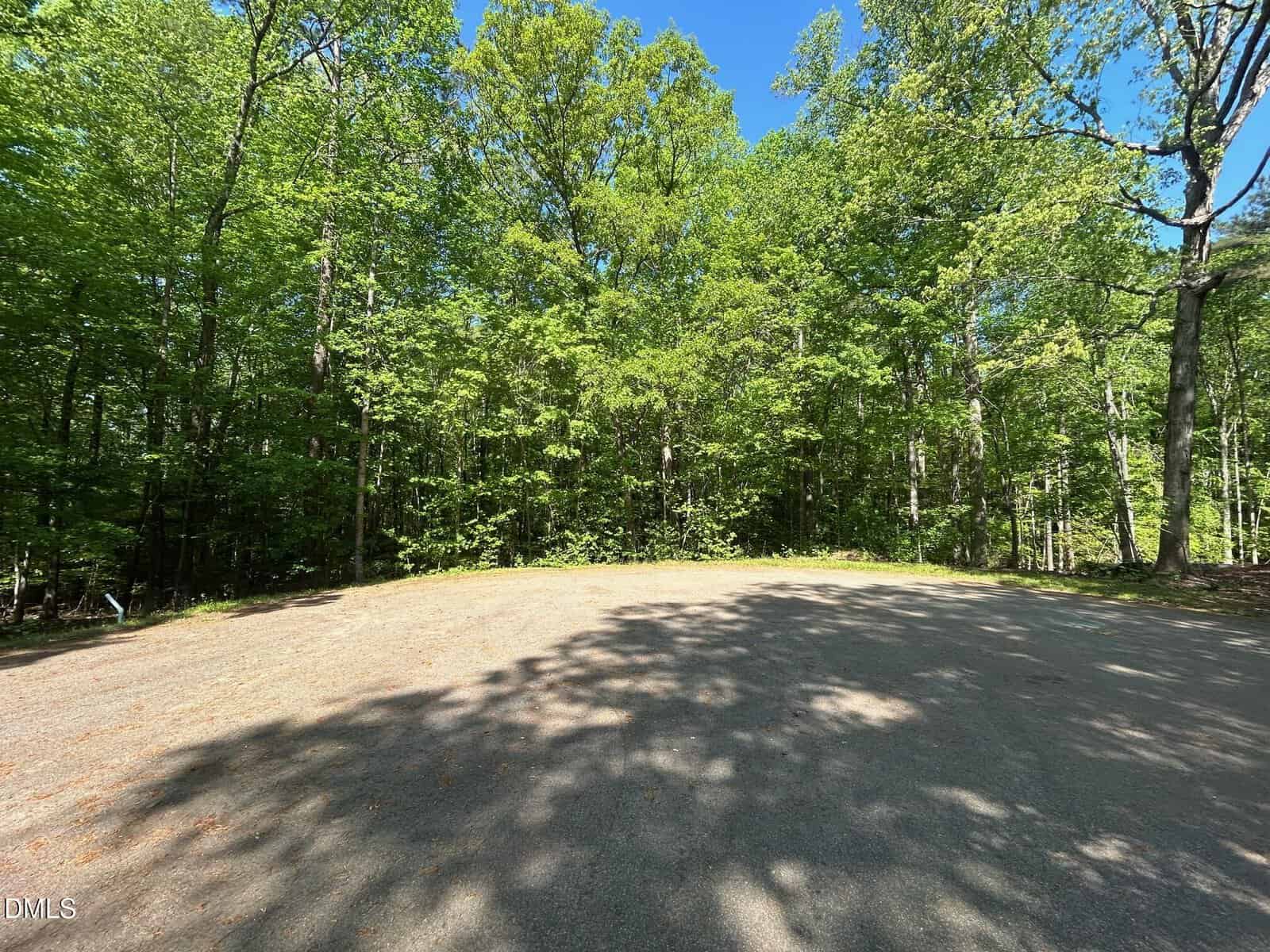 A sunny, empty gravel clearing at 134 Red Dog Drive, Louisburg is surrounded by tall green trees under a bright blue sky. Shadows from the trees stretch across the ground.