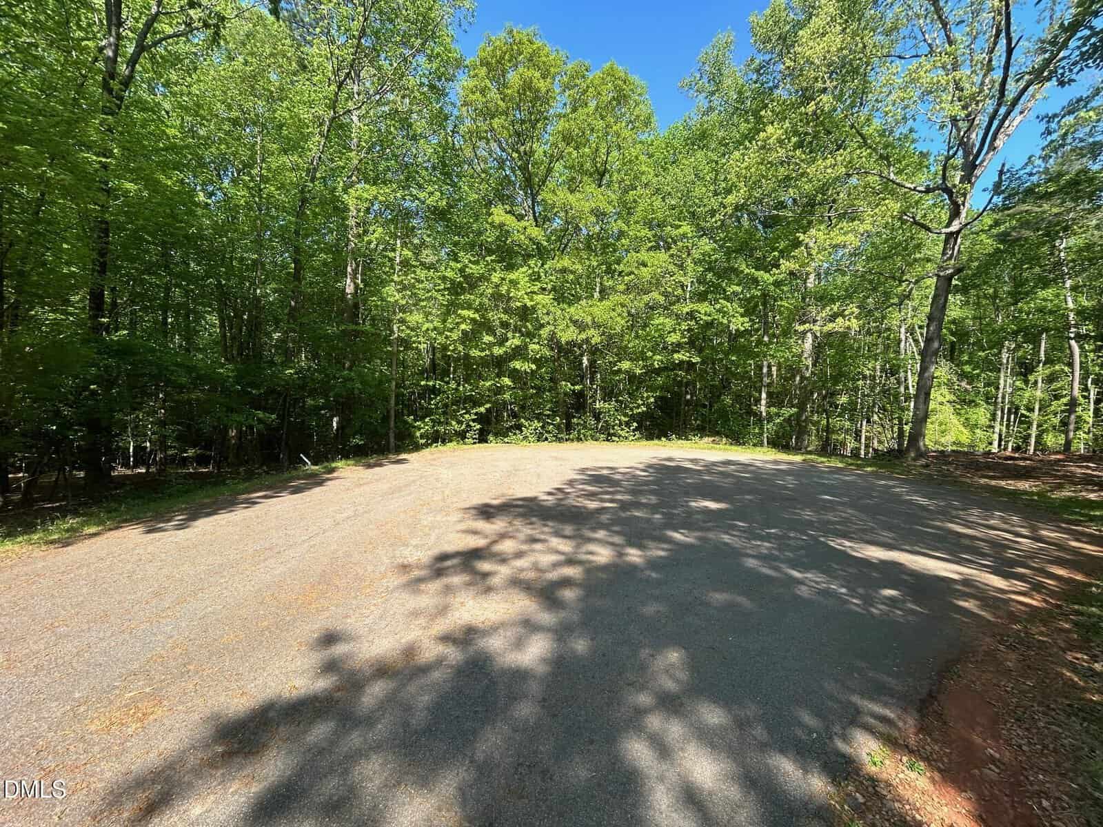 A paved road ends in a cul-de-sac surrounded by dense green trees under a clear blue sky. Shadows from the trees fall across the pavement.