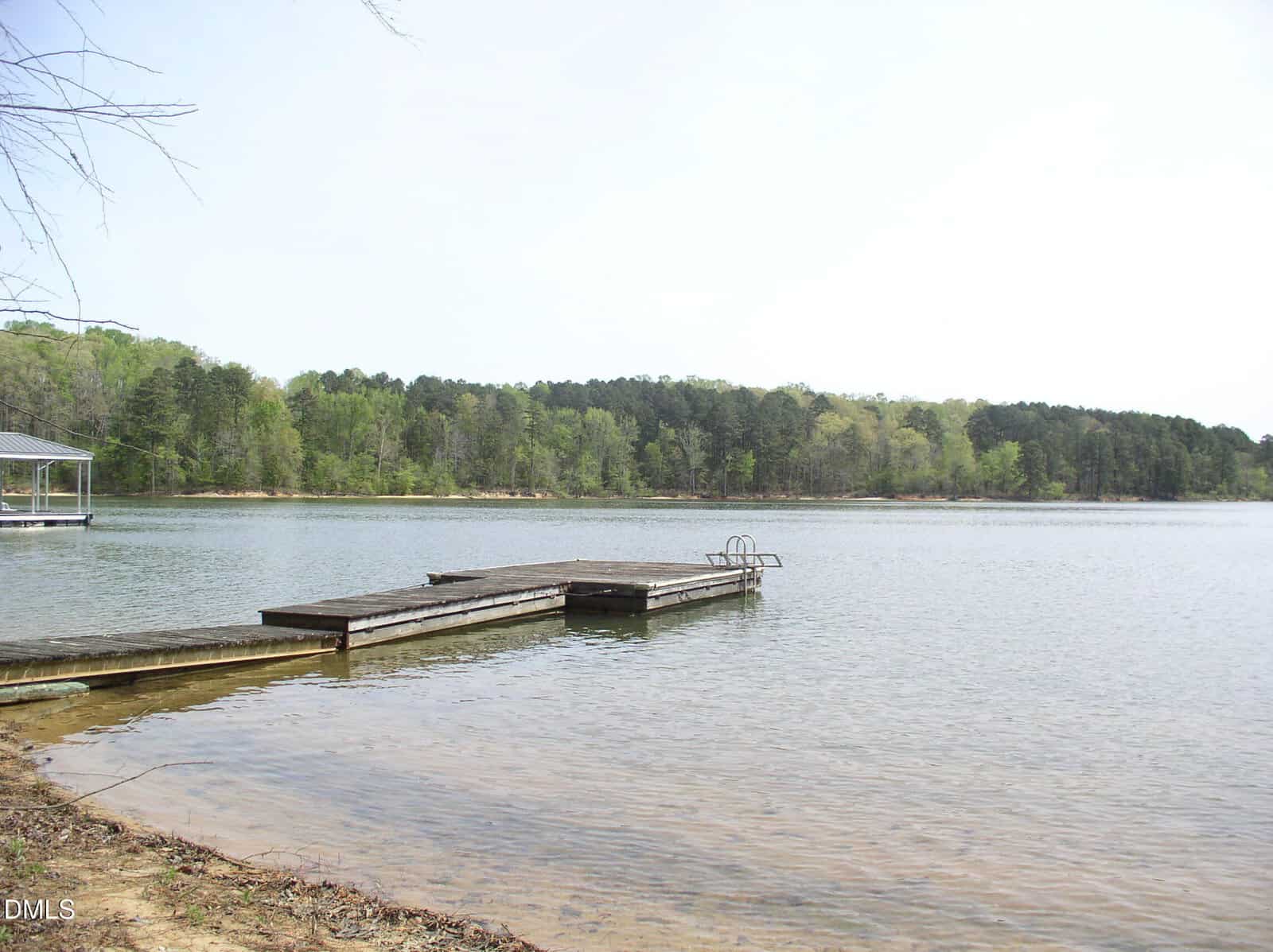 A wooden dock with a metal ladder extends into a calm lake, surrounded by trees with green foliage under a bright, clear sky. The shoreline is sandy and shallow near the dock.