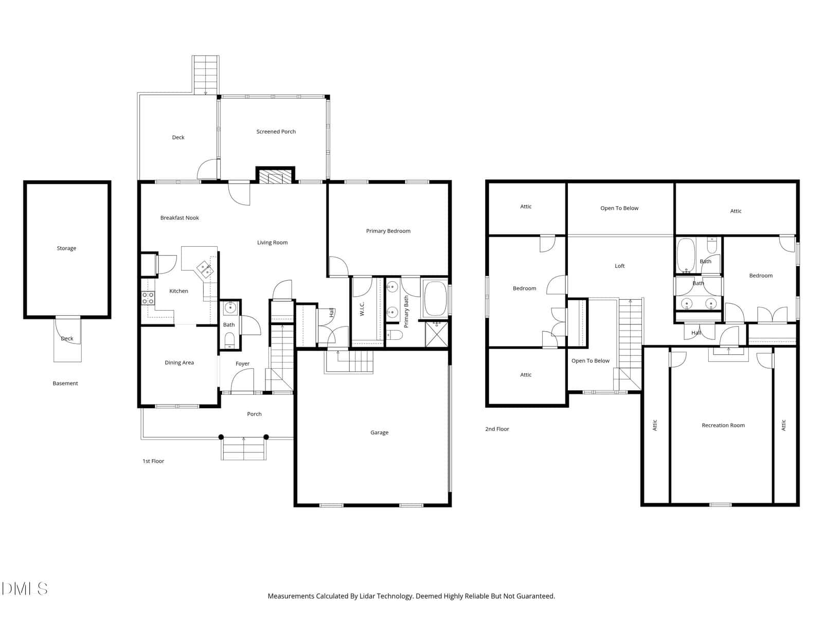 Black and white floor plan of a two-story house, showing labeled rooms such as living room, kitchen, dining area, bedrooms, bathrooms, loft, garage, deck, storage, attic, and recreation room.