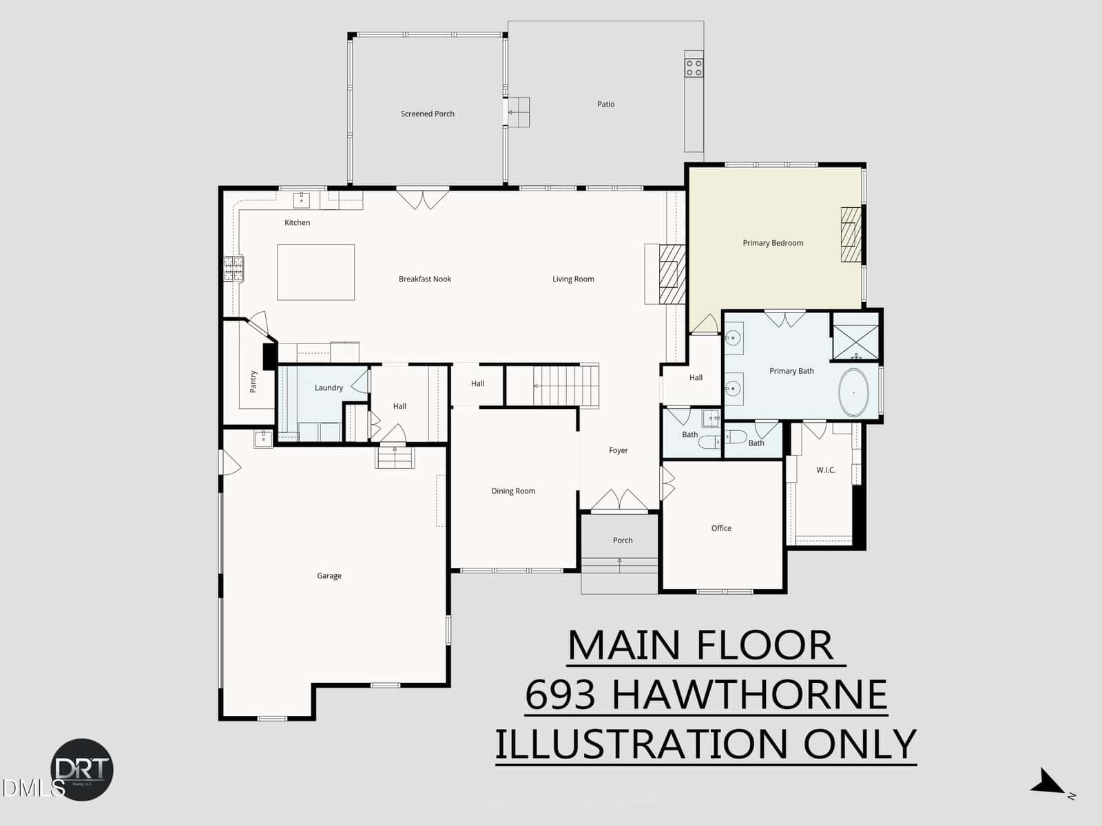 Floor plan labeled “Main Floor 693 Hawthorne Illustration Only,” showing rooms including garage, laundry, dining room, kitchen, living room, screened porch, primary bedroom, bathroom, and closets. Directions are indicated.