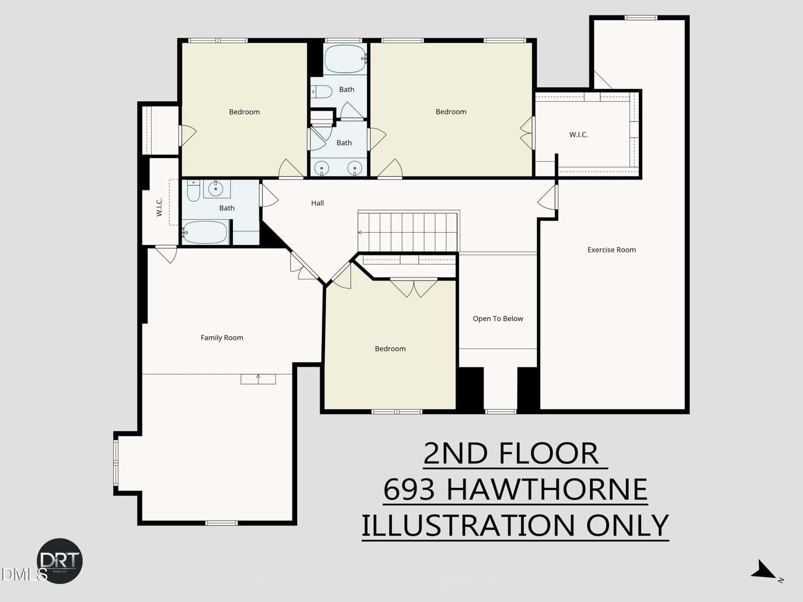 Floor plan of the 2nd floor showing three bedrooms, three bathrooms, a family room, a walk-in closet, an exercise room, and an open-to-below area. “2nd Floor 693 Hawthorne Illustration Only” is labeled.