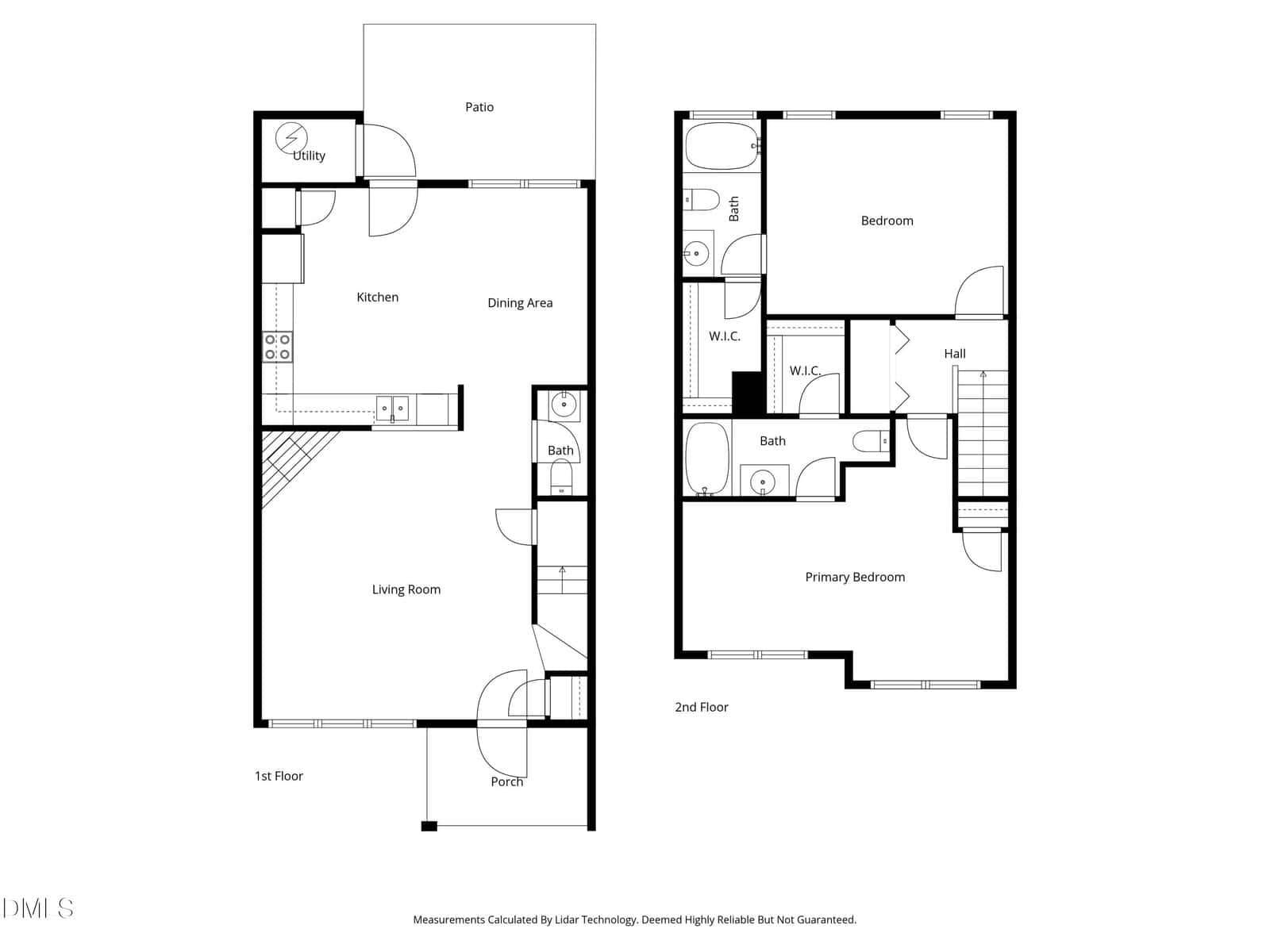Black and white floor plan of a two-story home showing the first floor with a porch, living room, kitchen, dining area, bath, and patio, and the second floor with two bedrooms, two baths, a W.I.C., and a hall.