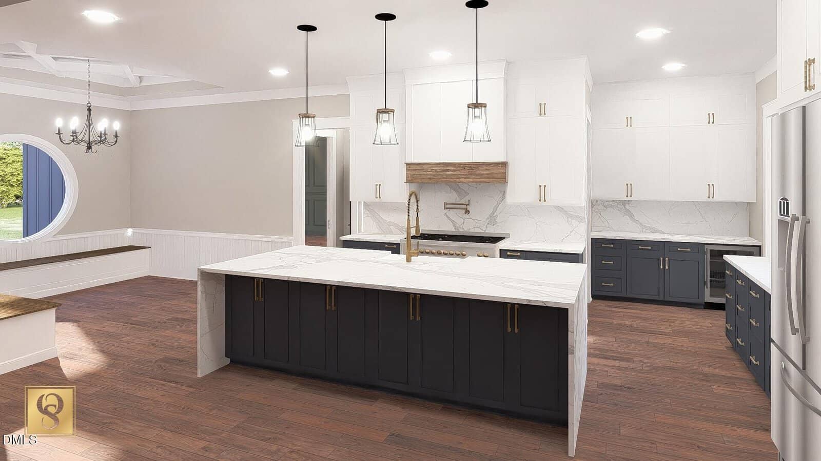 Modern kitchen with white upper cabinets, dark lower cabinets, a large island with a marble countertop, three pendant lights, stainless steel appliances, wood flooring, and a round window on the left wall.