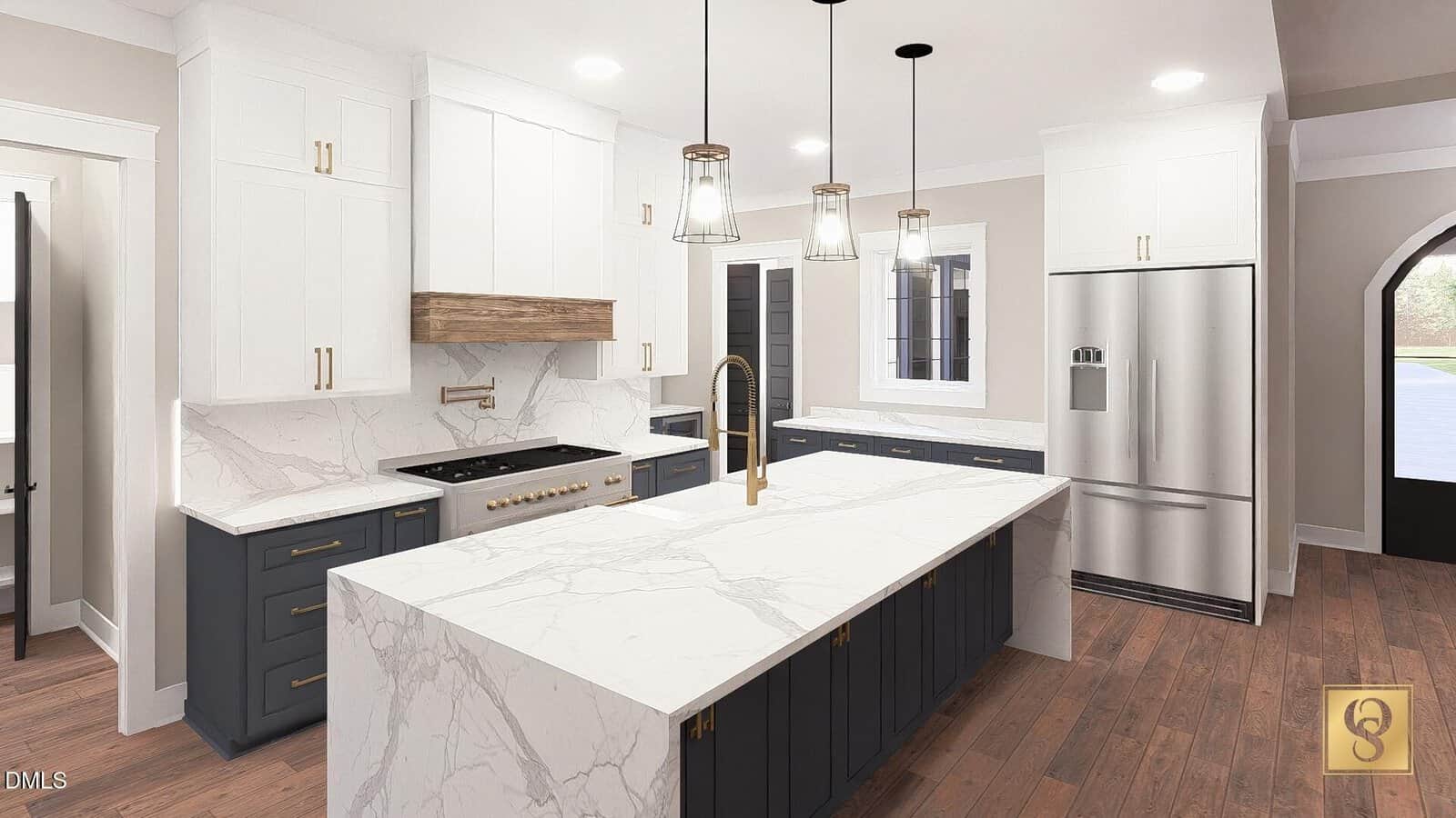 A modern kitchen with a large marble-topped island, gold fixtures, white upper cabinets, dark lower cabinets, stainless steel appliances, pendant lights, and wood floors. A window and double doors are visible in the background.