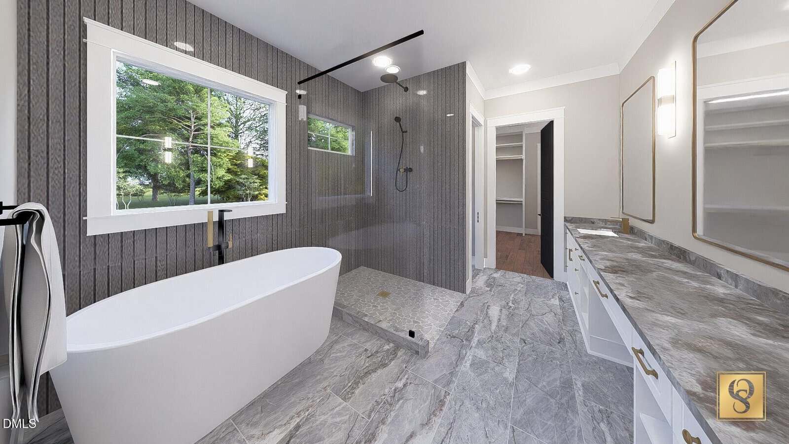 Modern bathroom with a freestanding white bathtub, walk-in glass shower, dual sinks with a marble countertop, large window, grey tiled floor, and wood-accented wall. A walk-in closet is visible through an open door.