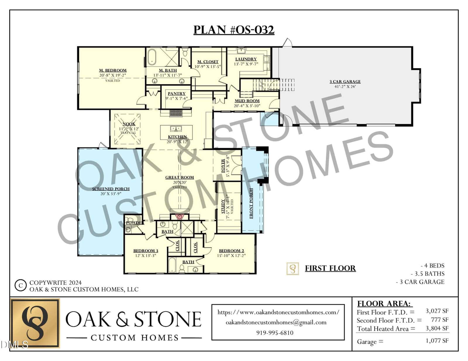Architectural floor plan labeled “Plan #OS-032” for a four-bedroom, 3.5-bath home with a 3-car garage. Includes living spaces, kitchen, porches, and labeled room dimensions. Oak & Stone Custom Homes branding is present.