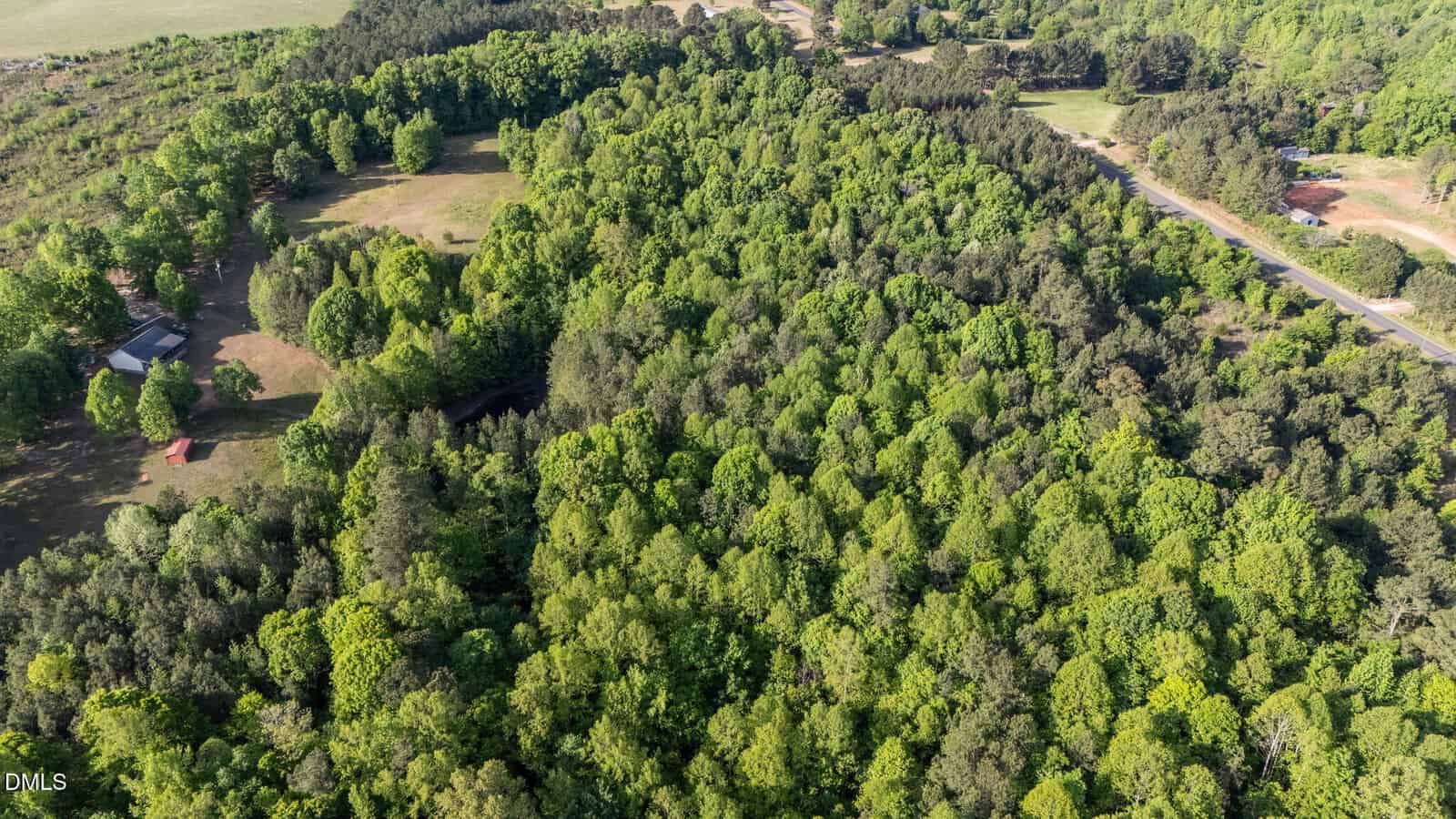 Aerial view of a dense forest near Norlina with a small clearing containing a house and shed, bordered by a winding road and surrounded by lush green trees; the property lies along Tract 2 Jones Chapel Road.