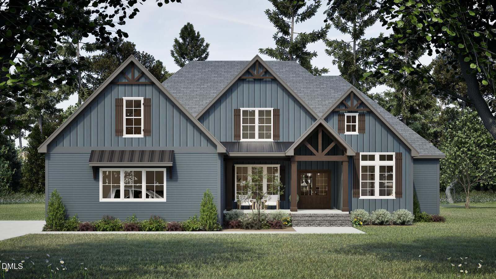 A modern blue house with white trim, gabled rooflines, large windows, and a covered front porch with two chairs, surrounded by green lawn, shrubbery, and tall trees in the background.