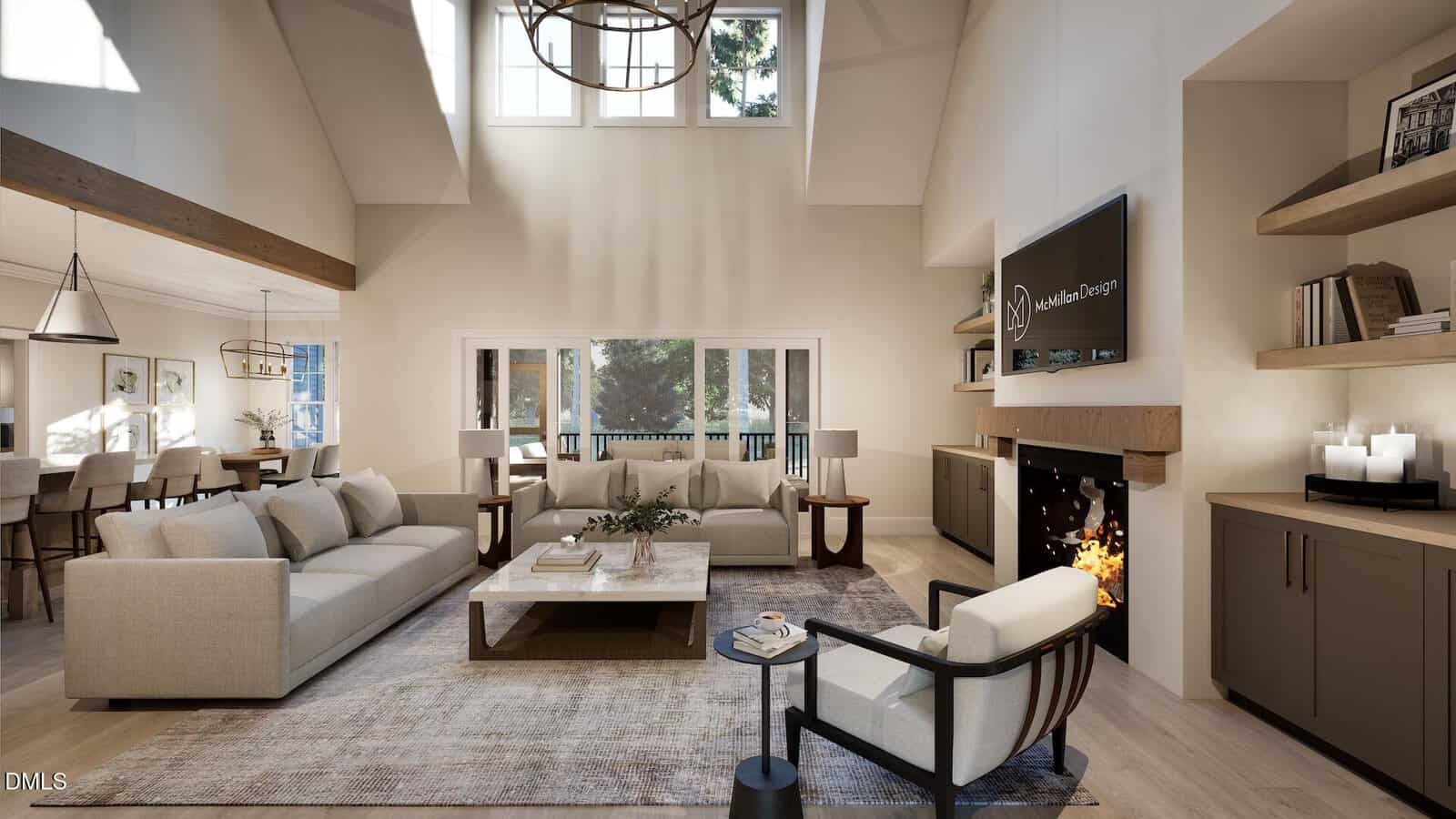 Spacious living room with high ceilings, large windows, neutral-toned sofas, a modern armchair, a fireplace under a mounted TV, built-in shelves, and an open layout leading to a dining area and kitchen.