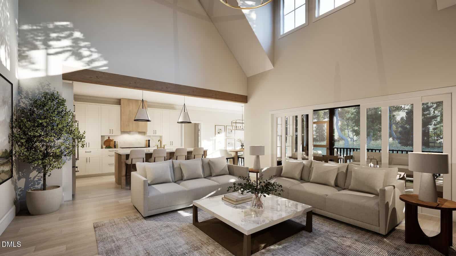 A spacious living room with two beige sofas, a marble coffee table, large windows, and an open layout leading to a modern kitchen with pendant lights and a dining area. Sunlight streams through high windows.