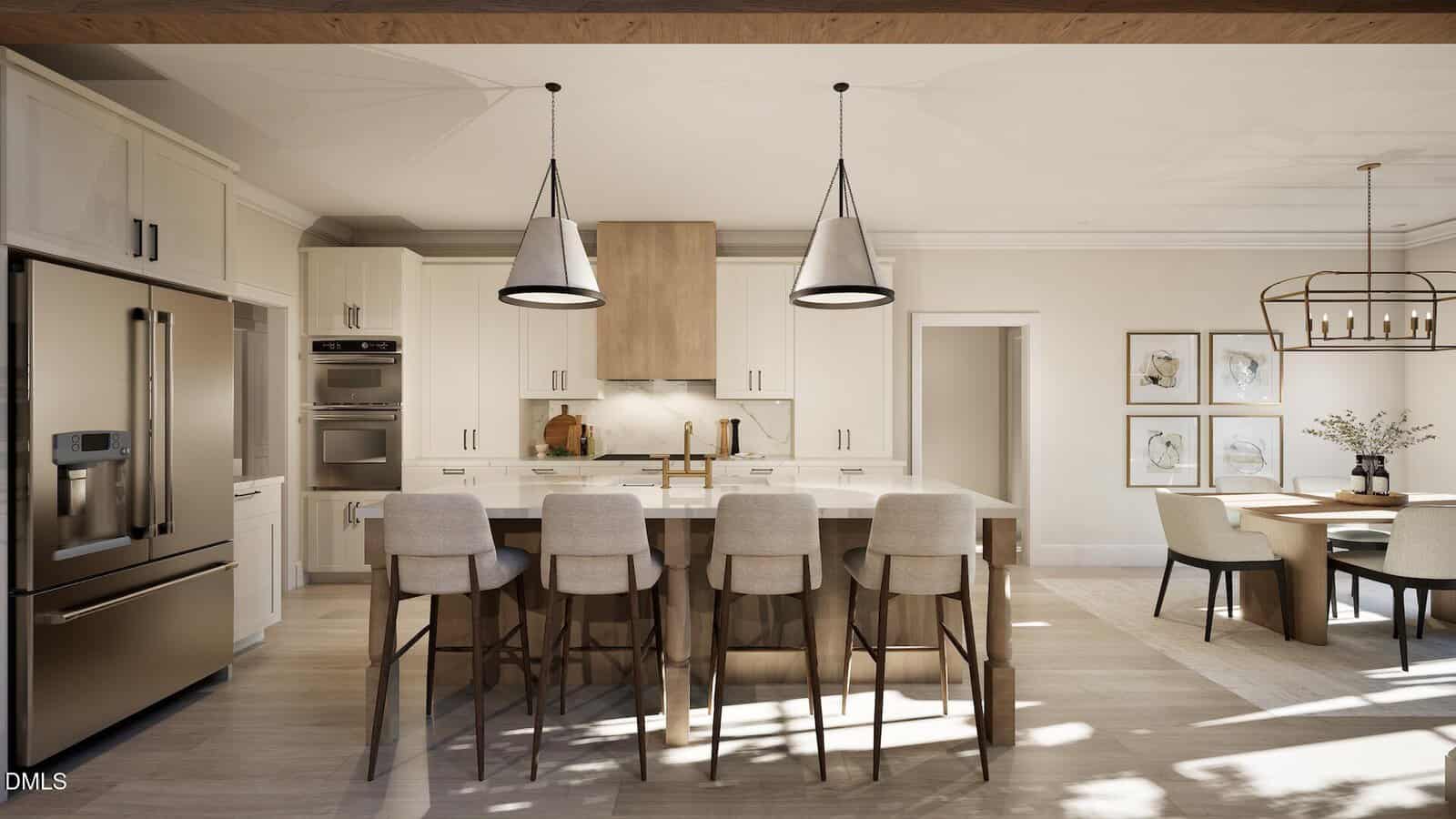 Modern kitchen with a large island, four beige barstools, pendant lights, stainless steel appliances, white cabinets, and a dining area with a table and chairs in the background. Warm and neutral color palette.