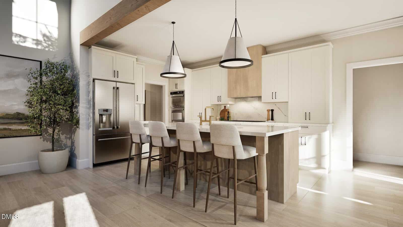 Modern kitchen with white cabinets, a wooden island with four barstools, stainless steel appliances, pendant lights, a potted tree, and a landscape painting on the wall. Sunlight streams in from the right.