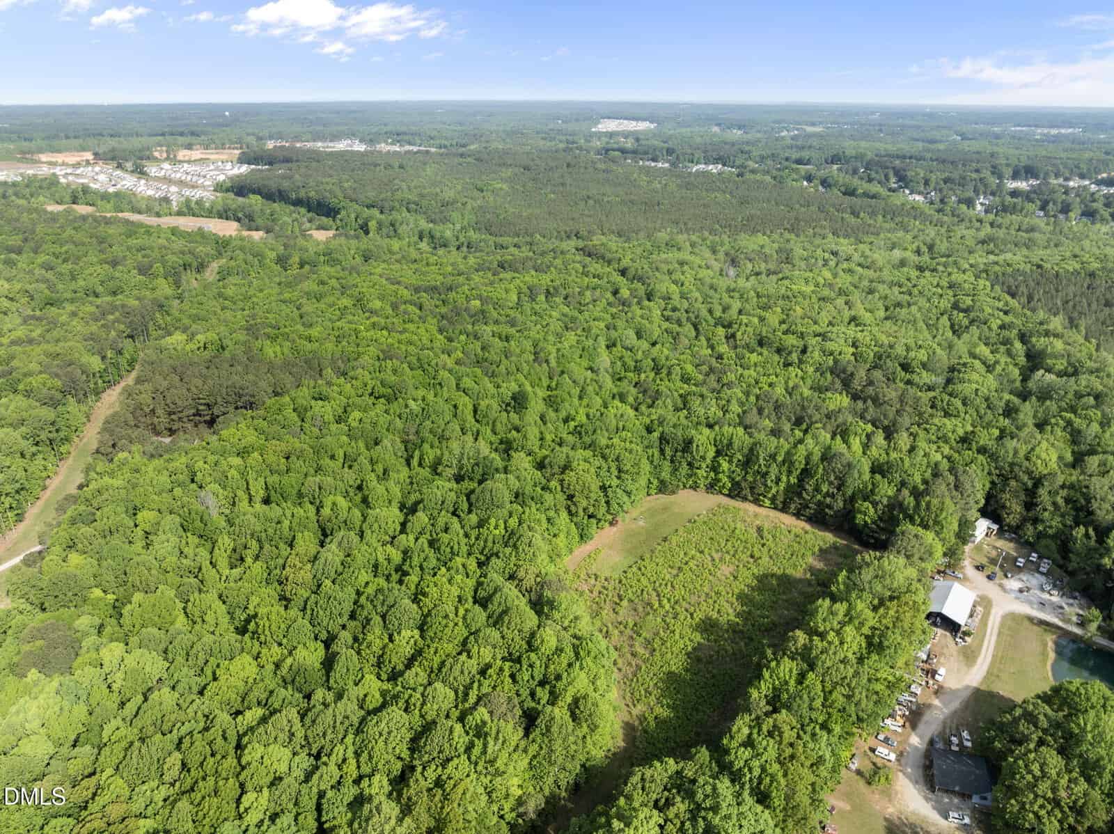 Aerial view of a large, densely wooded area with a small clearing containing a building and parked vehicles; residential developments and open land are visible in the distance under a blue sky.