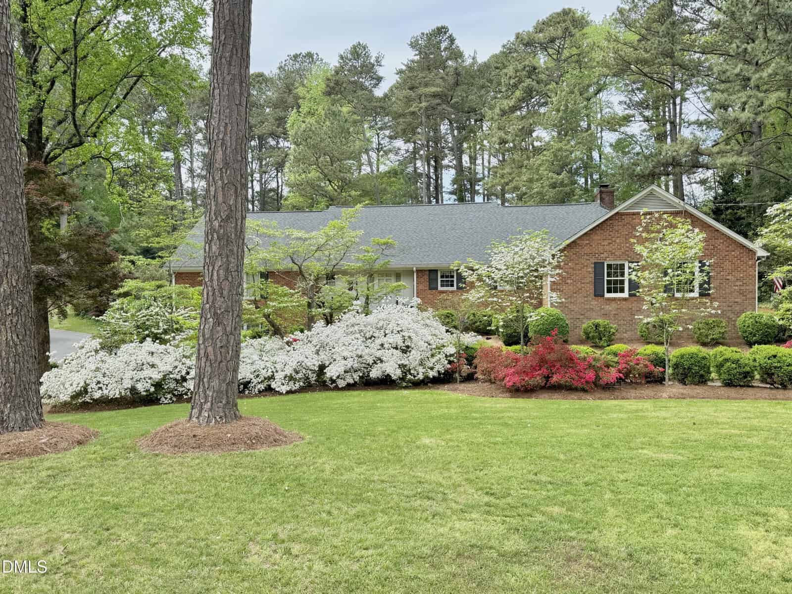A single-story brick house sits behind a well-kept lawn with blooming white and pink azalea bushes, surrounded by tall trees and lush greenery.