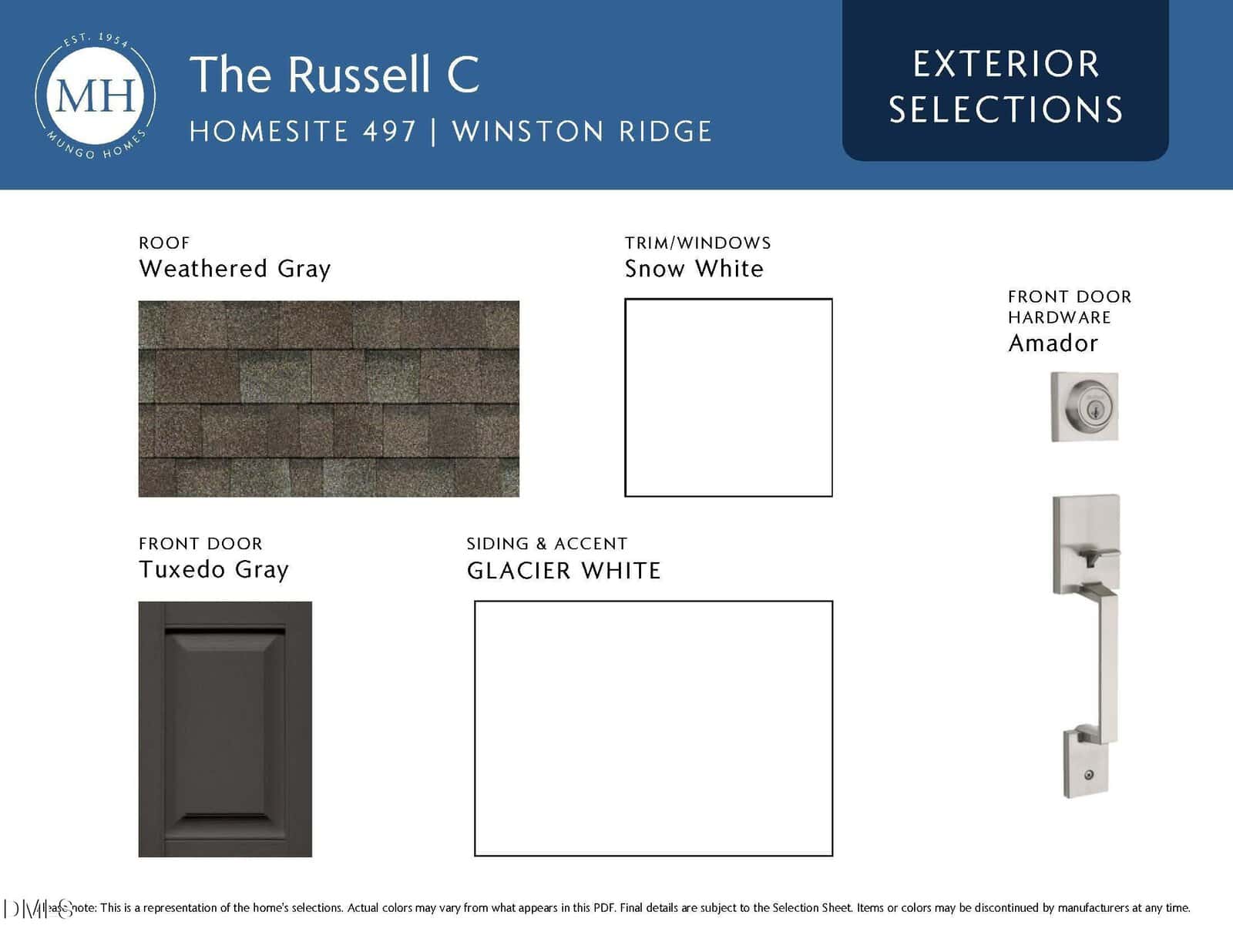 Exterior selections for The Russell C home at Winston Ridge, including weathered gray roof shingles, snow white trim/windows, Amador front door hardware, tuxedo gray front door, and glacier white siding and accent.