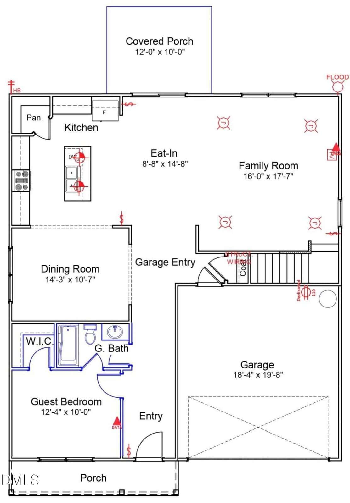 Floor plan of a house showing a covered porch, kitchen with pantry, eat-in area, family room, dining room, guest bedroom with walk-in closet and bath, garage, garage entry, laundry, and front porch entry.