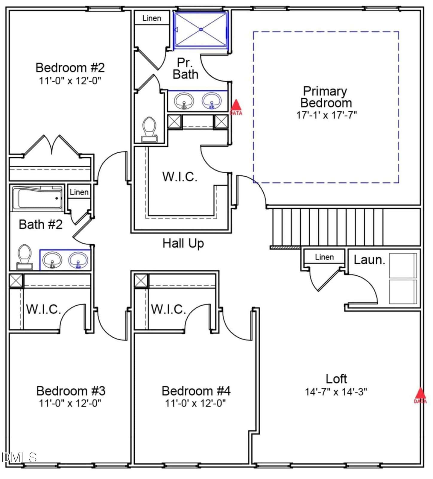 Floor plan of a house's upper level showing four bedrooms, a loft, two full bathrooms, a primary bathroom, walk-in closets (W.I.C.), linen closets, a laundry area (Laun.), and stairs.