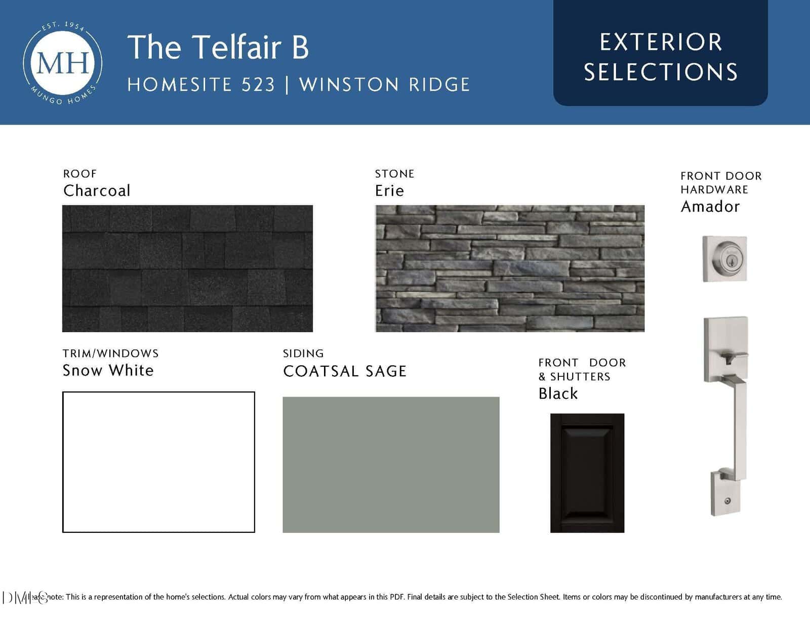 Design board for The Telfair B home exterior shows selections: charcoal roof, Erie stone, Snow White trim/windows, Coastal Sage siding, black front door and shutters, and Amador front door hardware set.
