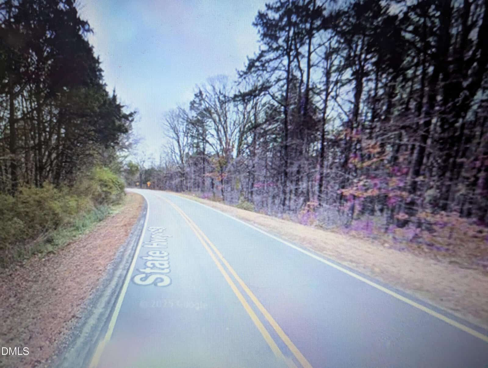 A two-lane road labeled "State Hwy 93" curves left, bordered by leafless trees and green shrubs under a cloudy sky. The scene appears quiet and rural.