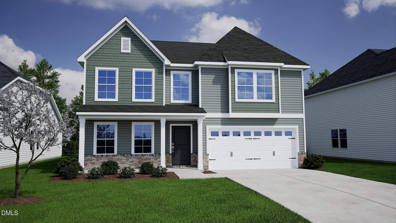 Two-story modern suburban house with green siding, white trim, and a dark gray roof. The home has a double garage, front porch, manicured lawn, shrubs, and a small tree, all under a partly cloudy sky.