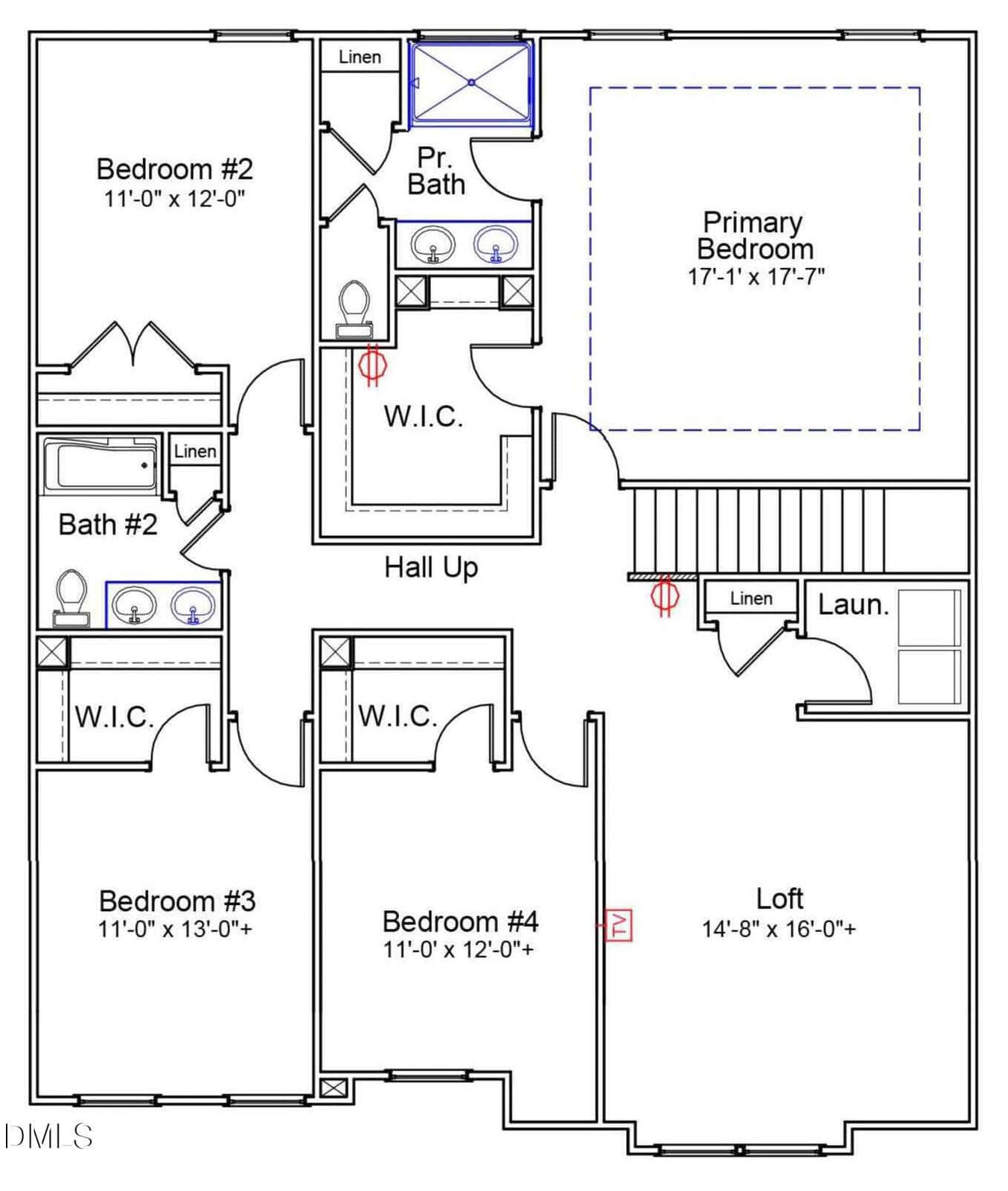 Floor plan shows four bedrooms, a primary bedroom with attached bath and walk-in closet, two additional bathrooms, linen closets, laundry area, loft, and hallway. Room dimensions are labeled; spaces are connected by doors and hallways.
