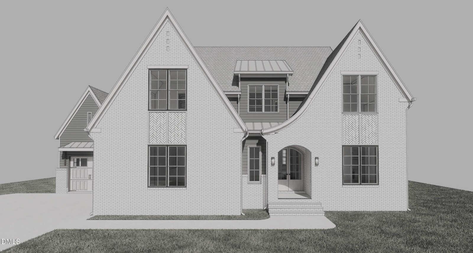 A grayscale architectural rendering of a two-story house at 310 Ironwood Boulevard, Youngsville, featuring a gabled roof, large windows, a covered front entry with an archway, and an attached garage on the left side against a plain background.