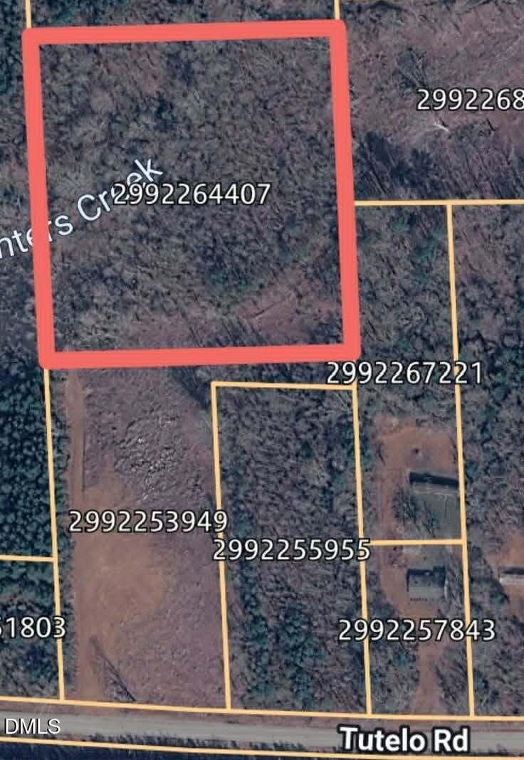 A satellite map shows wooded land parcels outlined in yellow, with one large parcel bordered in red, labeled “2992264407.” Tutelo Rd is visible at the bottom. Other parcel numbers are also shown.