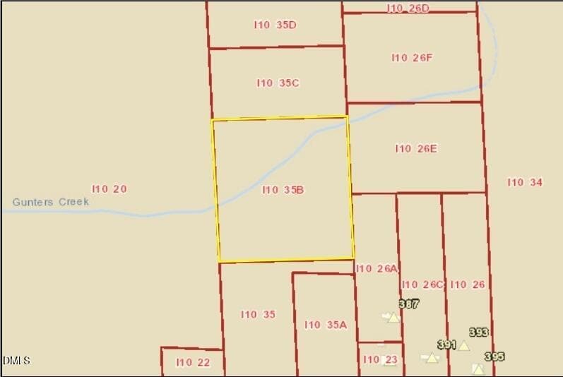 A map shows several land parcels outlined in red. Parcel 110 35B, outlined in yellow, is centered, with Gunters Creek running through its upper left section. Other parcels are labeled with numbers.