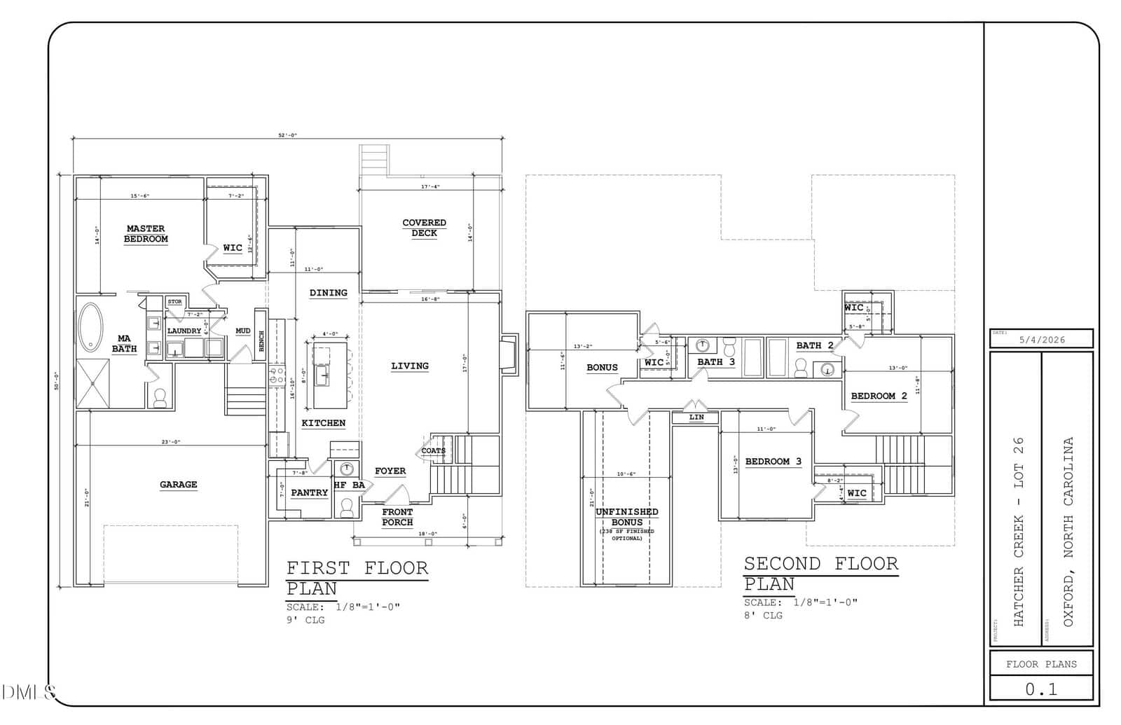 Architectural floor plans for a two-story house. The first floor shows a master bedroom, kitchen, dining, living area, foyer, powder room, garage, and covered deck. The second floor has two bedrooms, two baths, a bonus room, and storage.