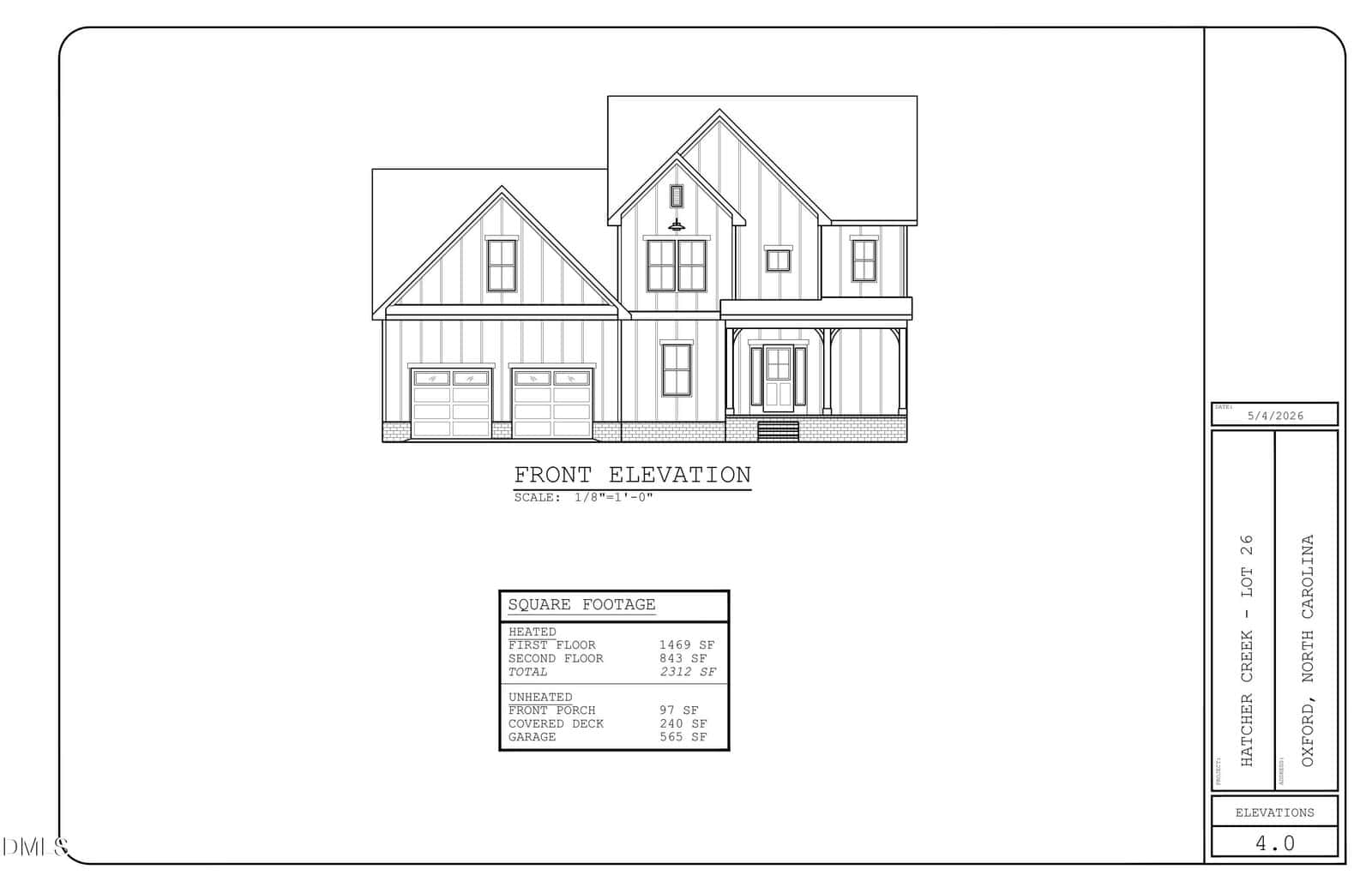 Architectural drawing of a two-story house with a front porch, gabled roof, and two-car garage. A chart shows square footage details for heated areas, porches, and garage. The project is in Oxford, North Carolina.