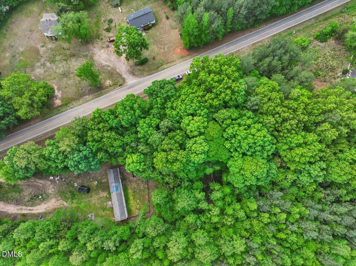 Aerial view of a rural area with two houses, a road running horizontally, and dense green trees surrounding the buildings and road.