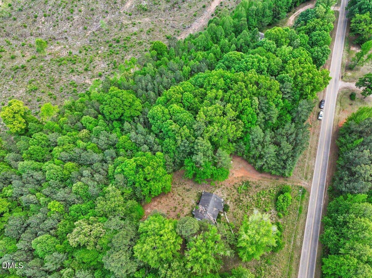 Aerial view of a rural area with dense green trees, a narrow paved road on the right, and an old, partially collapsed building surrounded by vegetation near the center.