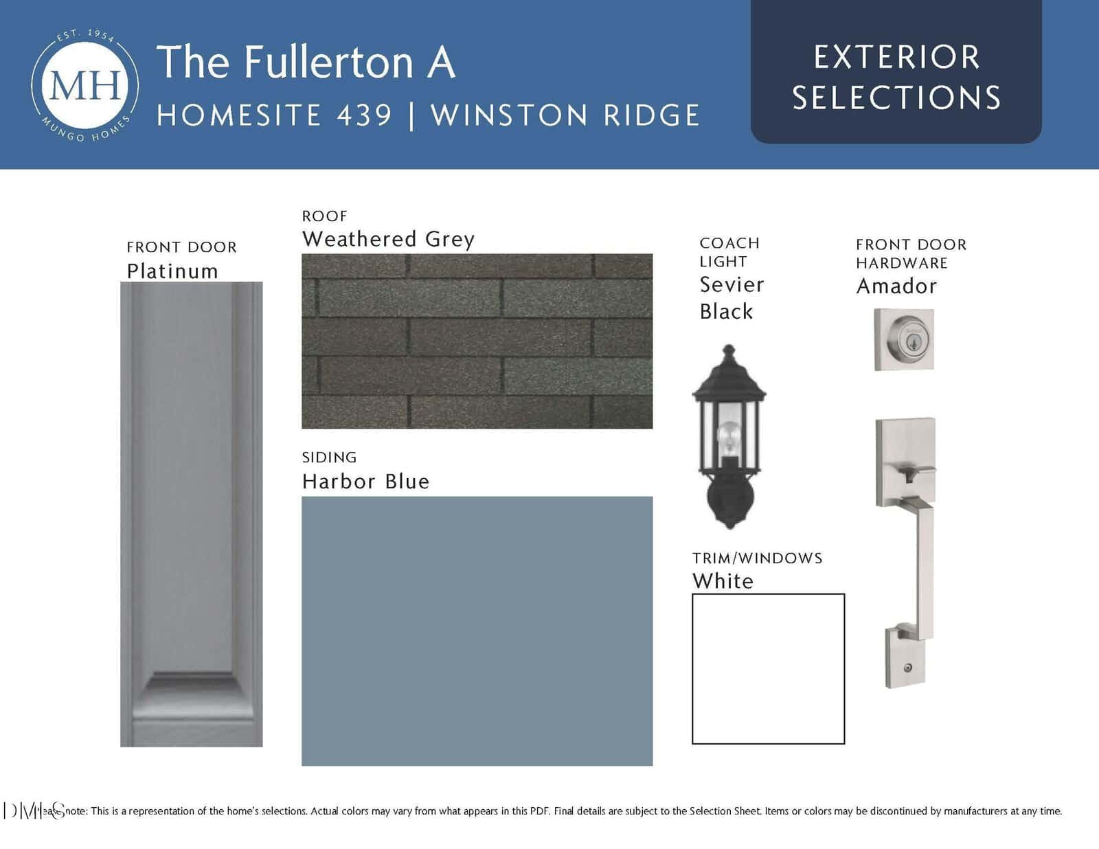 A home exterior selections board for The Fullerton A model, showing platinum front door, weathered grey roof shingles, harbor blue siding, white trim/windows, black coach light, and silver Amador door hardware.