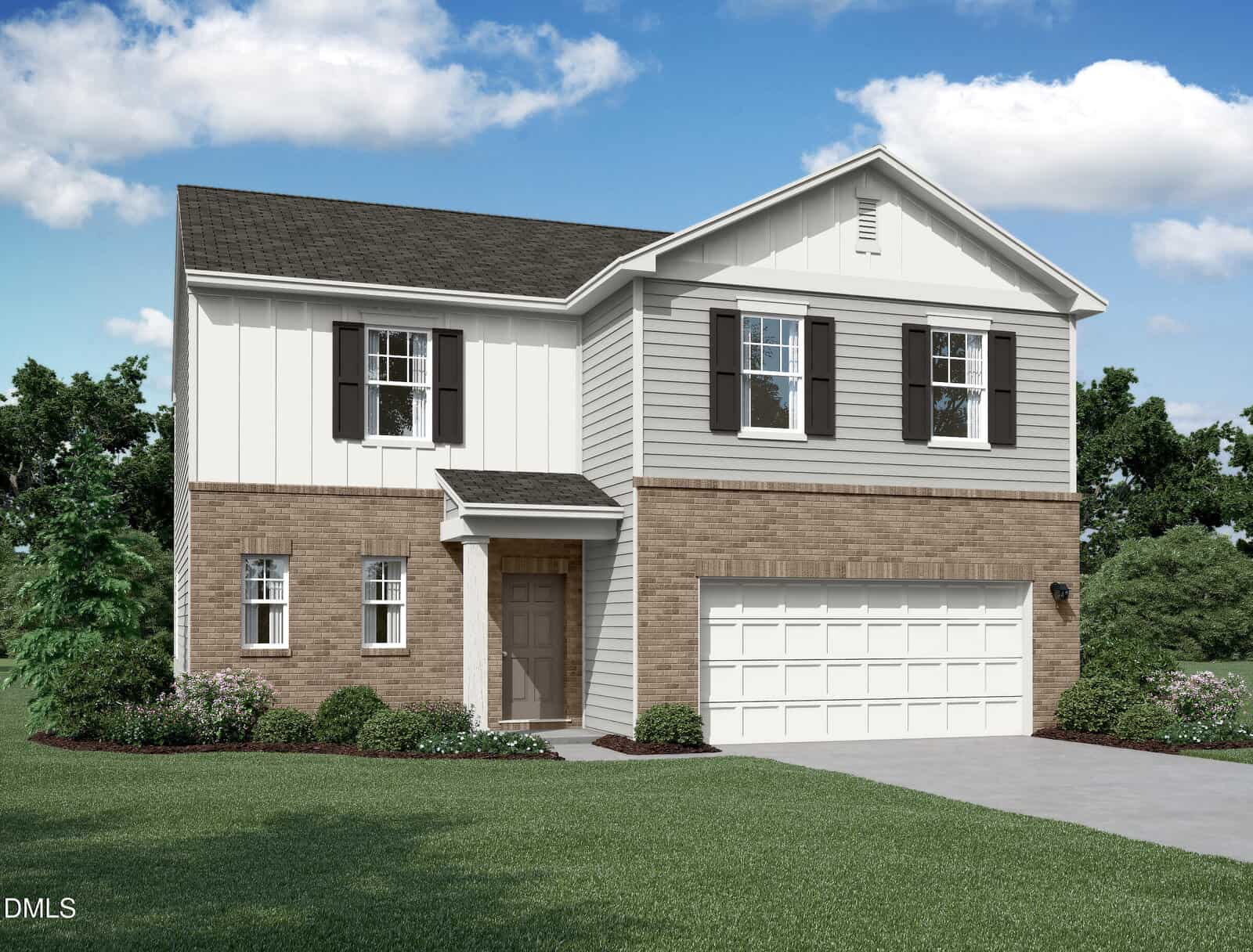 Two-story suburban house with a mix of brick and light siding exterior, dark shutters, a two-car garage, and a neatly landscaped front yard with bushes and green grass under a partly cloudy sky.