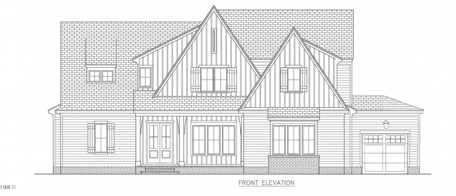 Architectural line drawing of a two-story house with gabled roof, front porch, multiple windows, and an attached single-car garage on the right side. Text at the bottom reads "Front Elevation.
