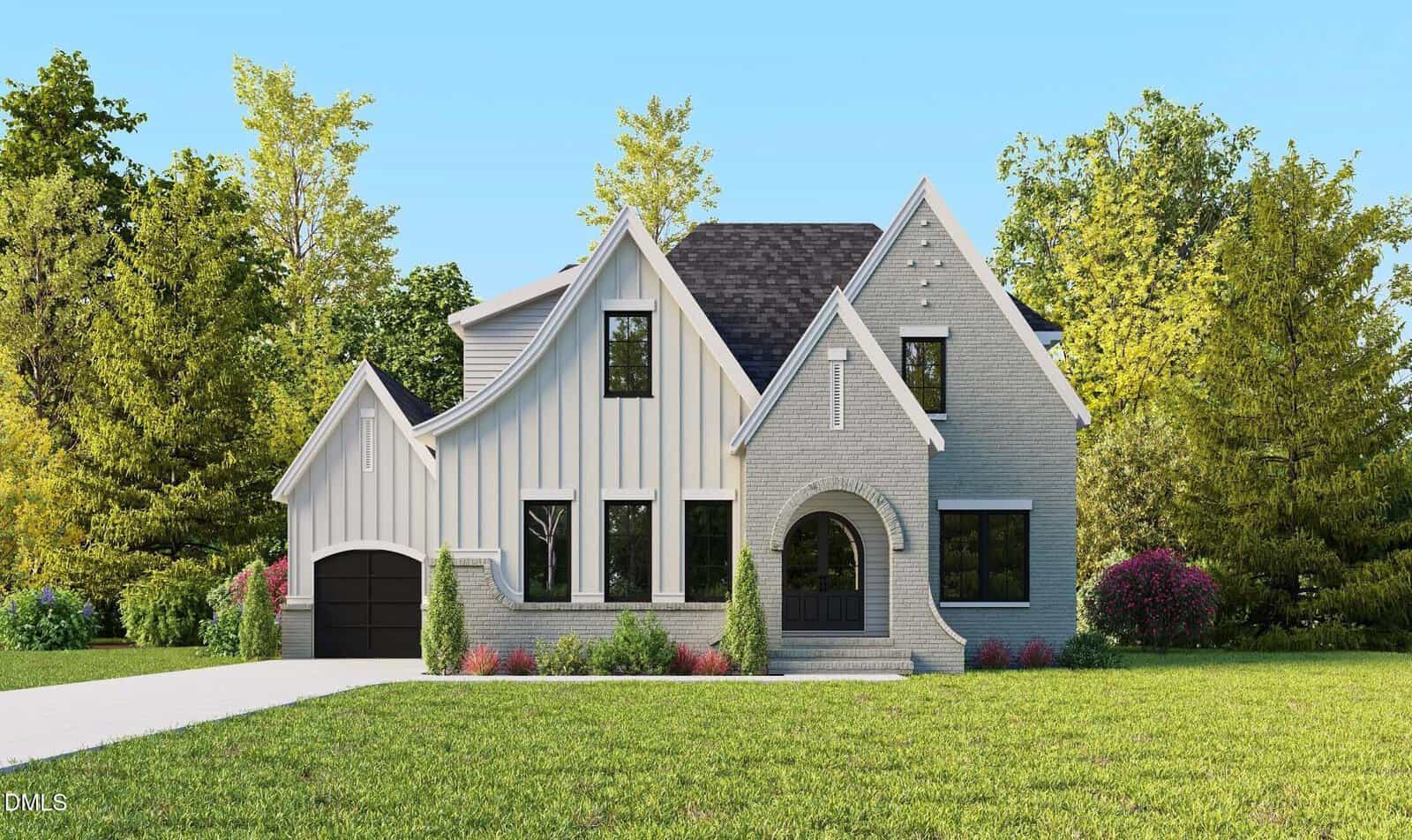 A modern suburban house with light gray brick and white siding, black-framed windows, a single-car garage, and a curved entryway, surrounded by green lawn, shrubs, and tall trees under a blue sky.