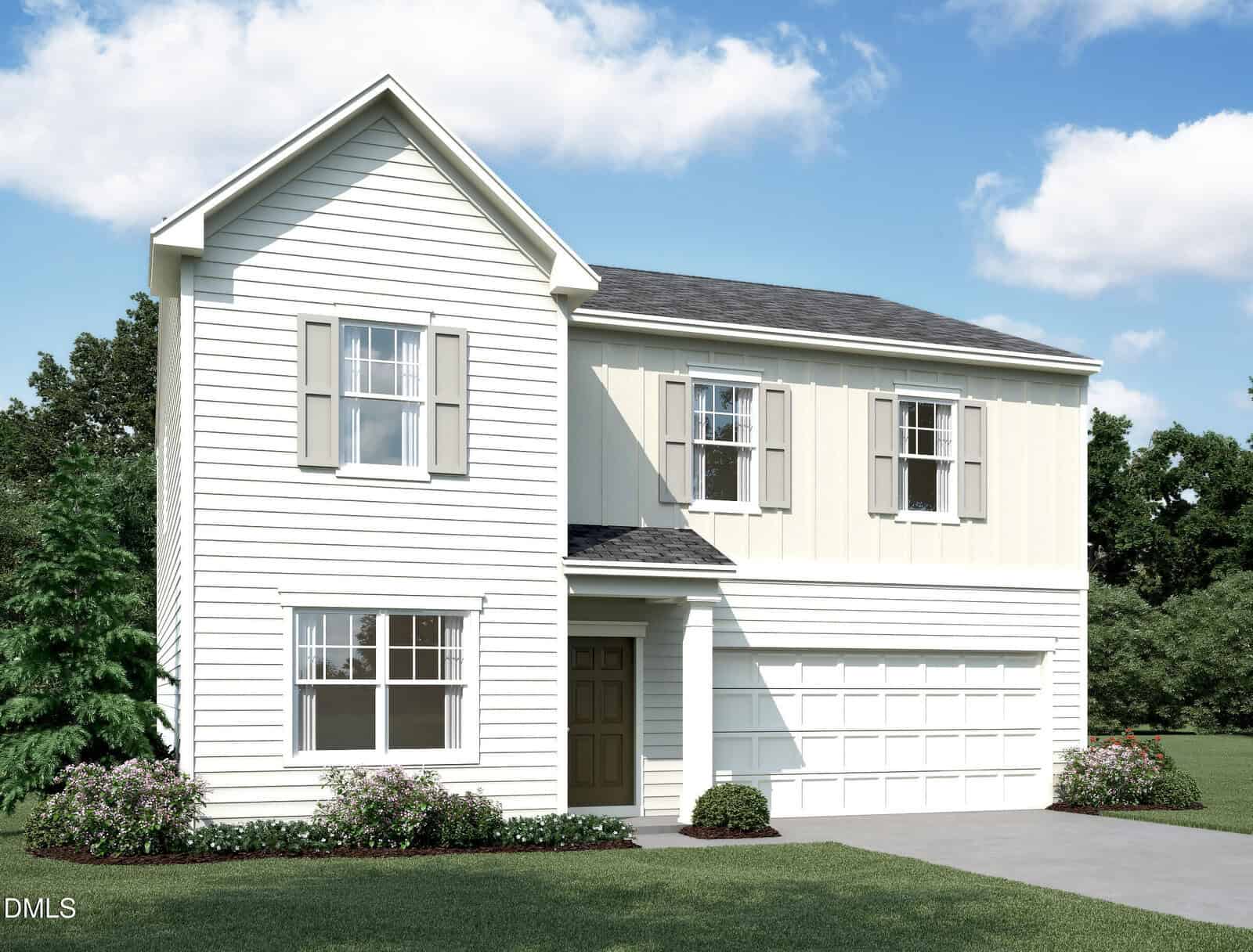 A modern two-story white house with light beige shutters, a double garage, and well-maintained landscaping under a partly cloudy sky.