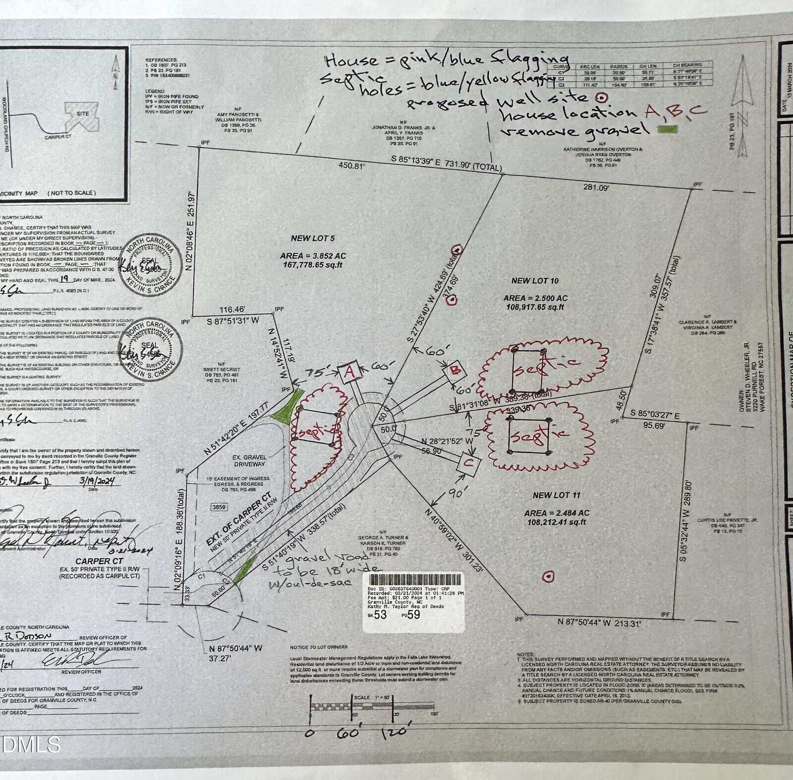 A marked-up plot plan with handwritten notes, circles, and arrows in red and blue ink indicating house site options, tree locations, and areas to remove gravel. Survey details, measurements, and lot boundaries are also visible.