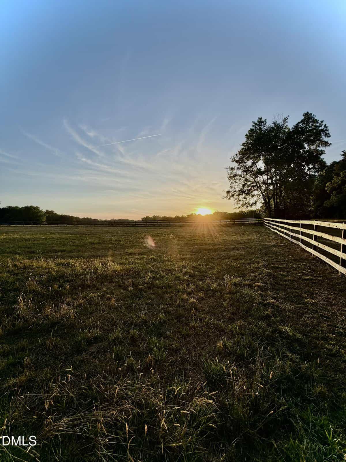 Sunset over a grassy field with a white fence on the right and a large tree silhouetted against the sky. The sun is low on the horizon, casting long shadows and creating a peaceful, rural scene.