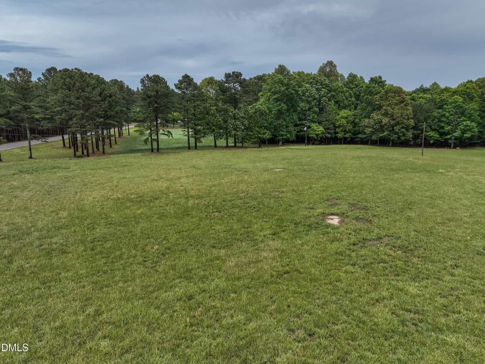 A wide, open grassy field bordered by a line of trees under a cloudy sky, with a small dirt patch visible in the grass and a road running along the left side.