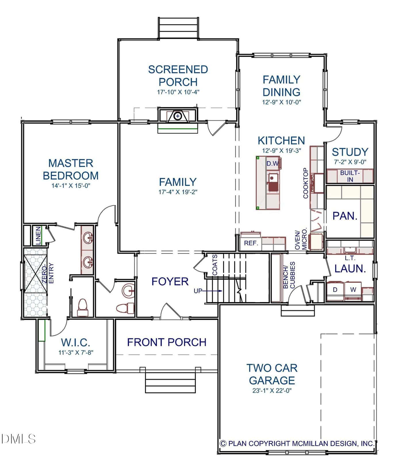 Floor plan of a single-story house with labeled rooms including master bedroom, family room, kitchen, study, pantry, laundry, screened porch, foyer, front porch, and two-car garage.