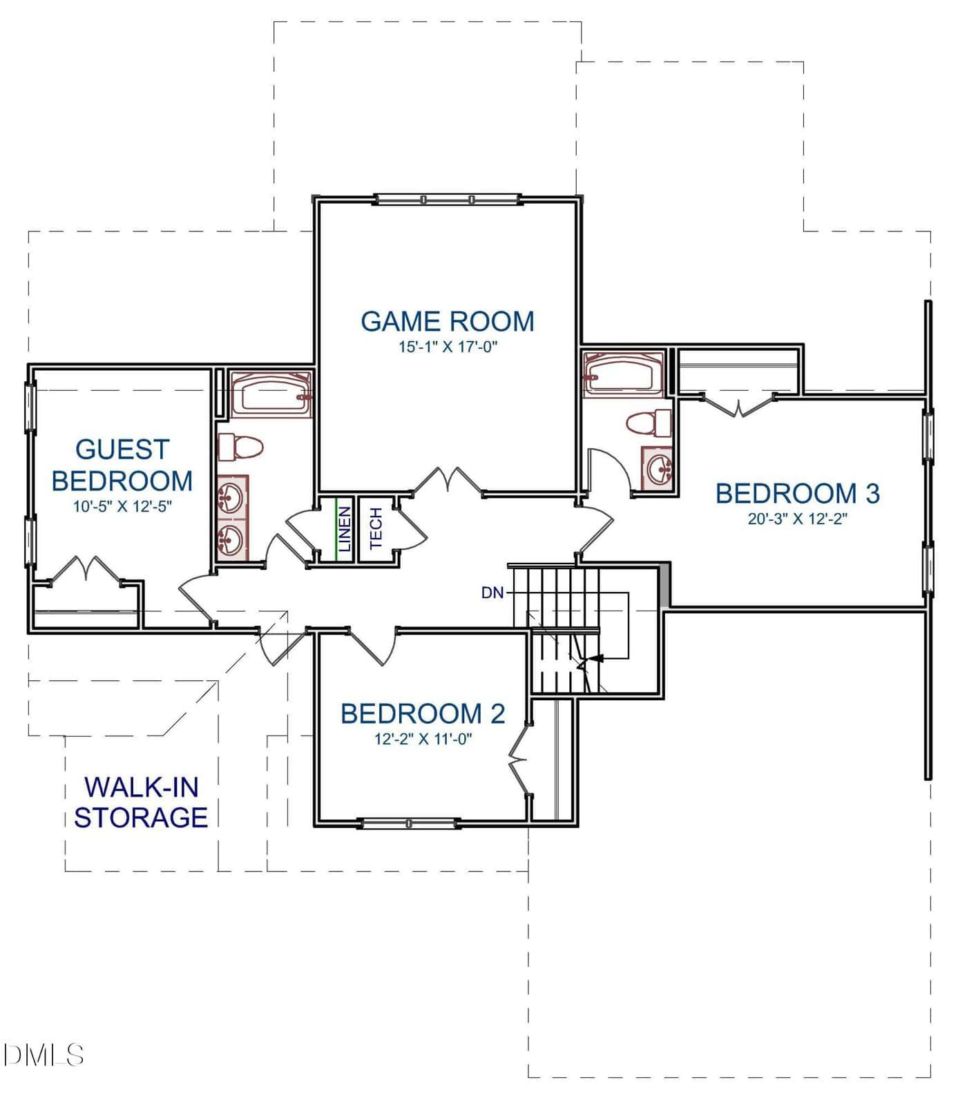 Second floor layout with three bedrooms, a game room, two bathrooms, tech area, and walk-in storage. Guest bedroom and bath are on the left; two bedrooms, bathroom, and game room are on the right. Stairs are in the center.