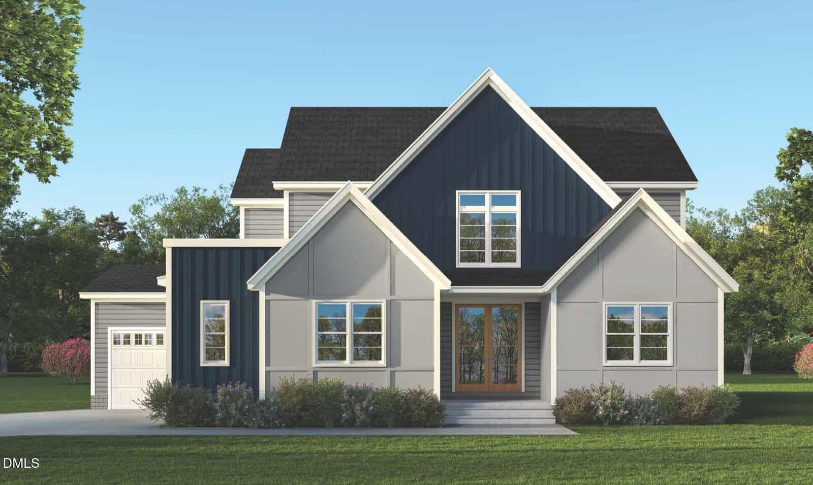 Modern two-story house with dark and light gray siding, large front-facing windows, a single-car garage on the left, wooden double entry doors, and a neatly landscaped front yard against a clear blue sky.